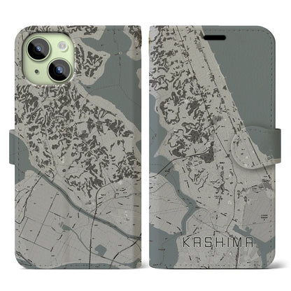 【鹿島（茨城県）】地図柄iPhoneケース（手帳タイプ）モノトーン・iPhone 15 用