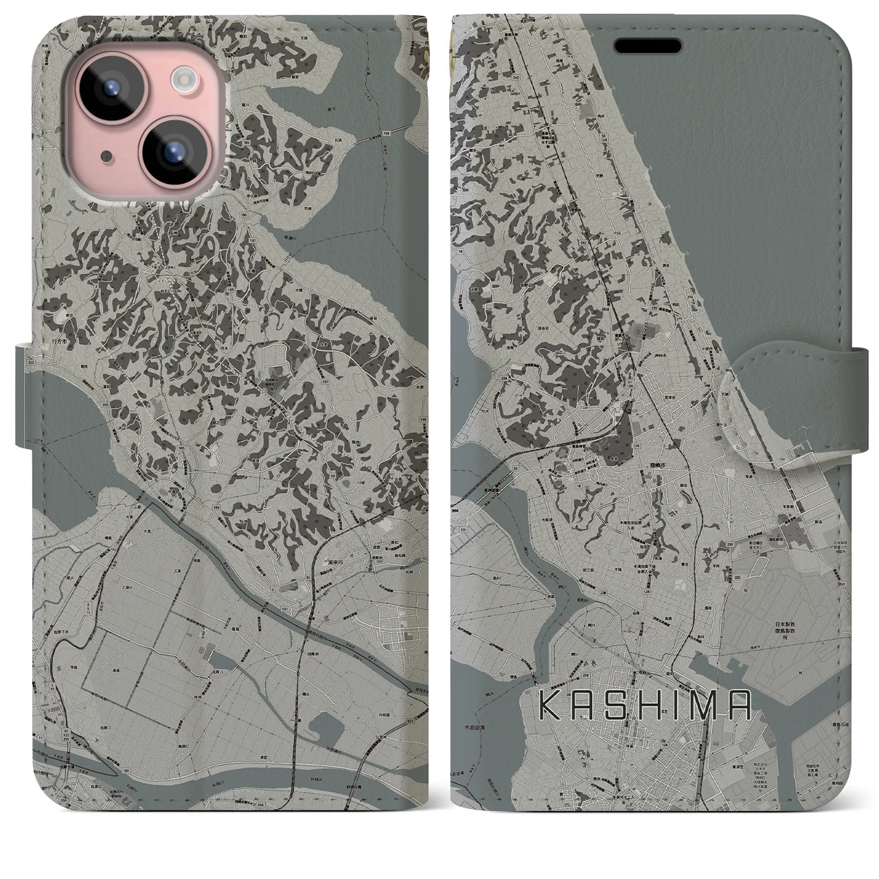 【鹿島】地図柄iPhoneケース（手帳両面タイプ・モノトーン）iPhone 15 Plus 用