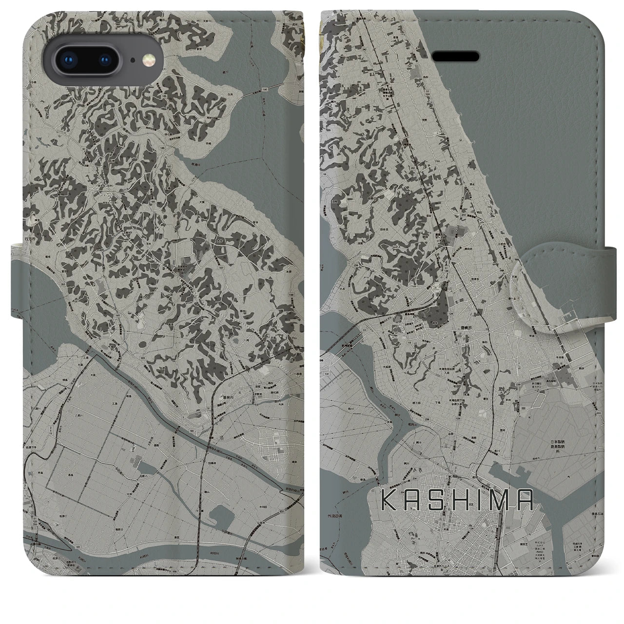 【鹿島】地図柄iPhoneケース（手帳両面タイプ・モノトーン）iPhone 8Plus /7Plus / 6sPlus / 6Plus 用