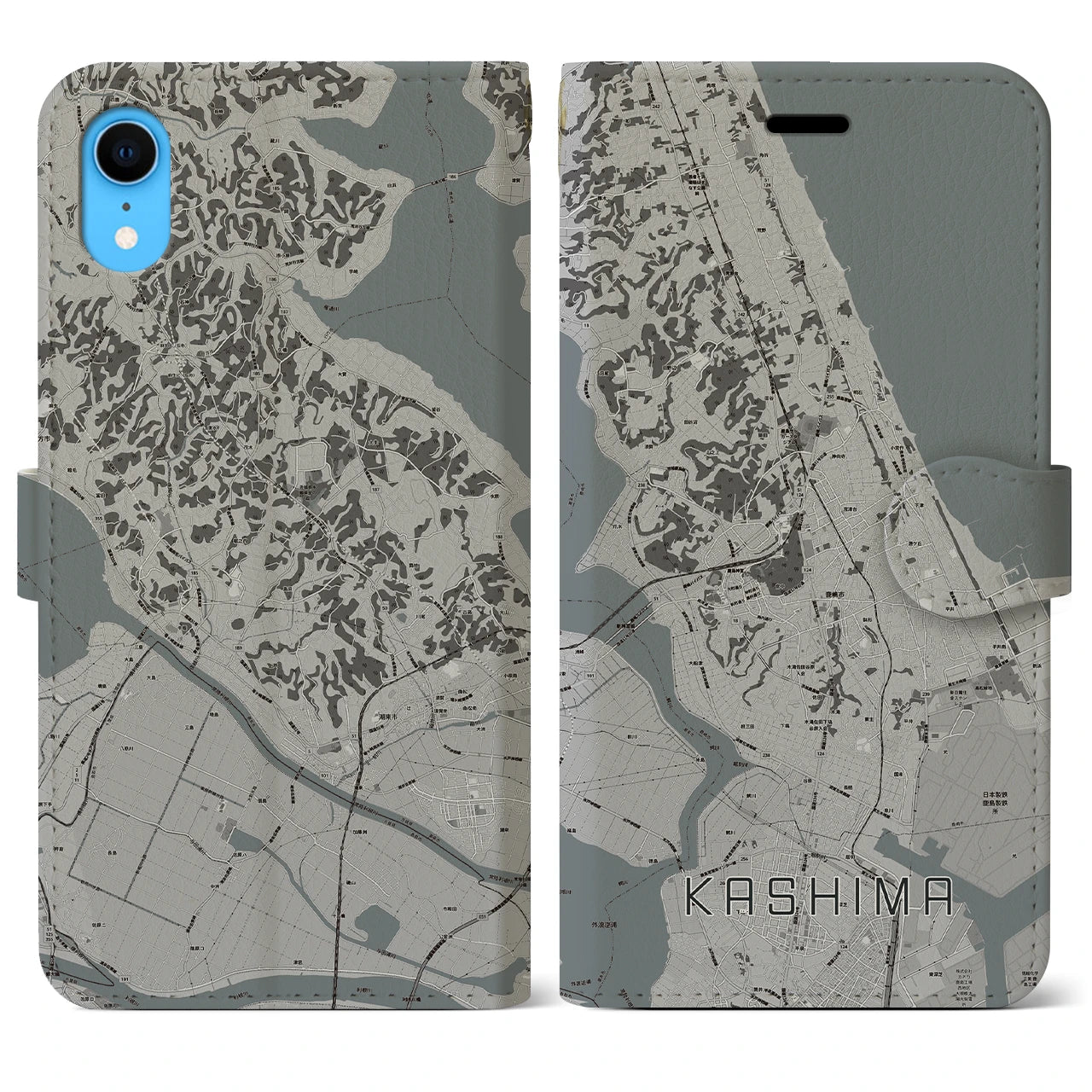 【鹿島】地図柄iPhoneケース（手帳両面タイプ・モノトーン）iPhone XR 用