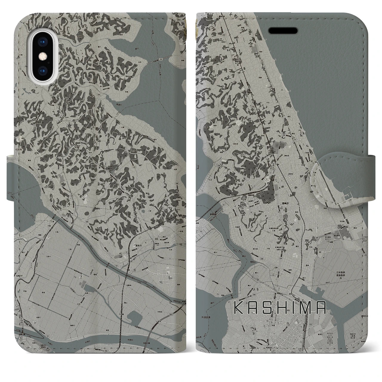 【鹿島】地図柄iPhoneケース（手帳両面タイプ・モノトーン）iPhone XS Max 用