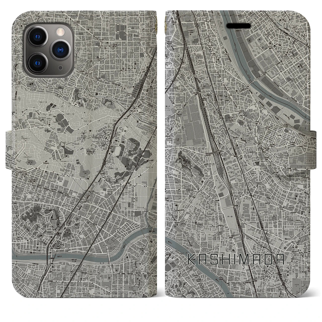 【鹿島田】地図柄iPhoneケース（手帳両面タイプ・モノトーン）iPhone 11 Pro Max 用