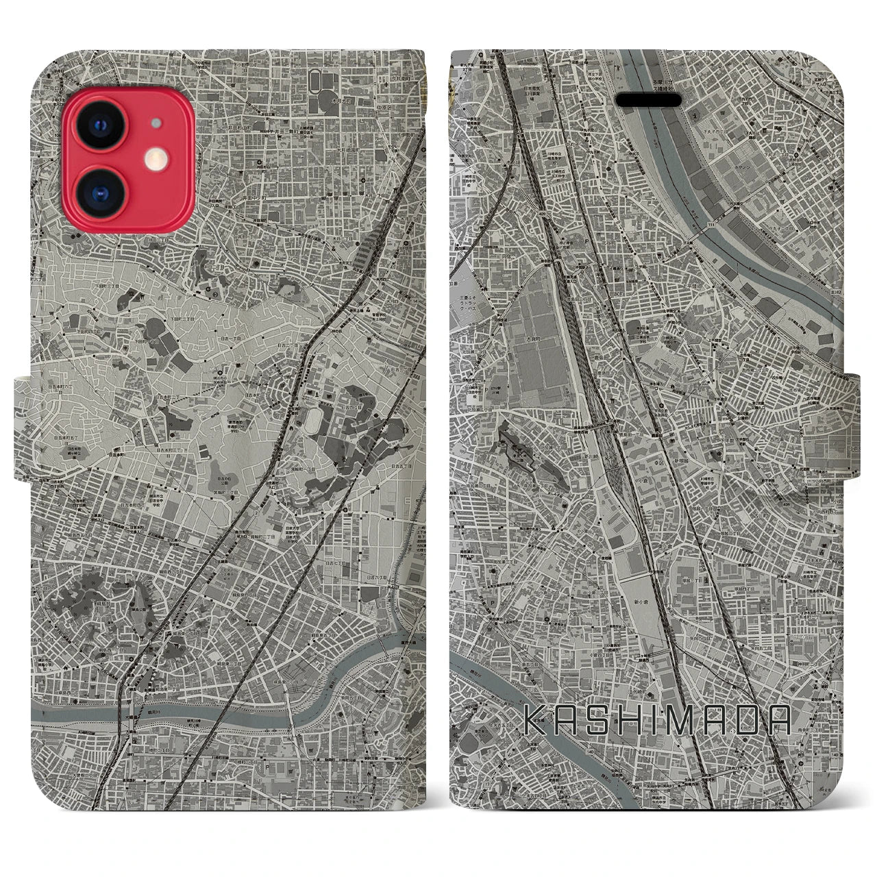 【鹿島田】地図柄iPhoneケース（手帳両面タイプ・モノトーン）iPhone 11 用