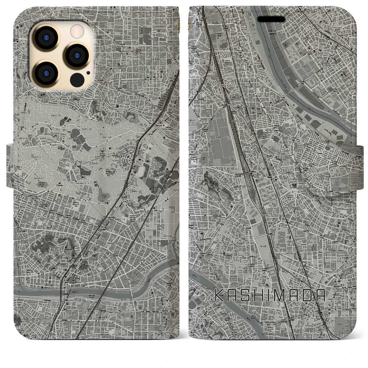 【鹿島田】地図柄iPhoneケース（手帳両面タイプ・モノトーン）iPhone 12 Pro Max 用