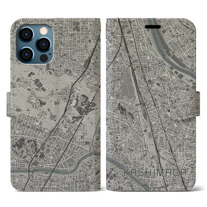 【鹿島田（神奈川県）】地図柄iPhoneケース（手帳タイプ）モノトーン・iPhone 12 / 12 Pro 用