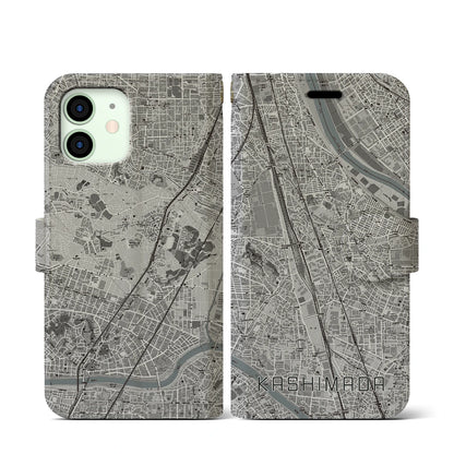 【鹿島田（神奈川県）】地図柄iPhoneケース（手帳タイプ）モノトーン・iPhone 12 mini 用