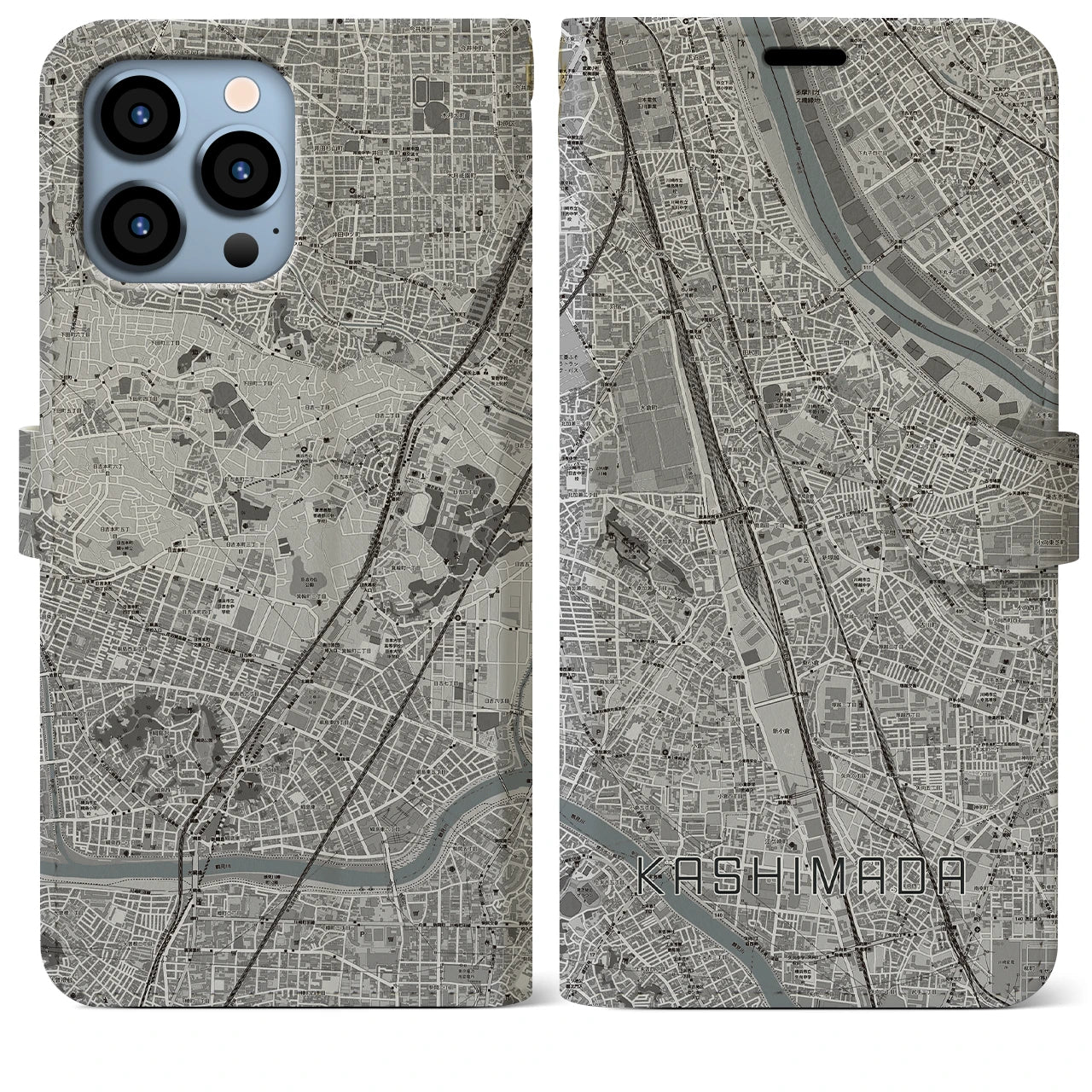 【鹿島田】地図柄iPhoneケース（手帳両面タイプ・モノトーン）iPhone 13 Pro Max 用
