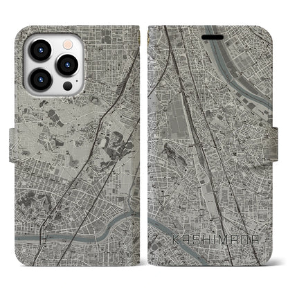 【鹿島田（神奈川県）】地図柄iPhoneケース（手帳タイプ）モノトーン・iPhone 13 Pro 用