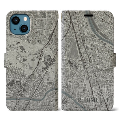 【鹿島田（神奈川県）】地図柄iPhoneケース（手帳タイプ）モノトーン・iPhone 13 用