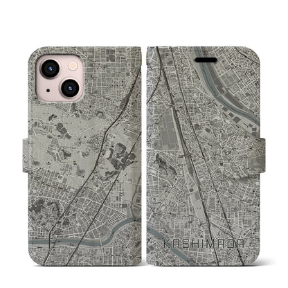 【鹿島田（神奈川県）】地図柄iPhoneケース（手帳タイプ）モノトーン・iPhone 13 mini 用