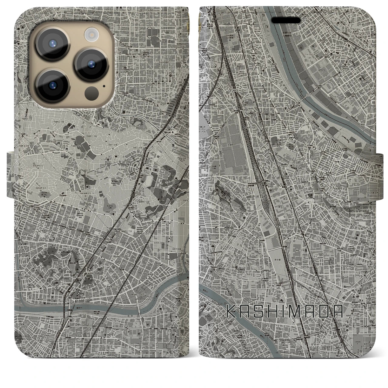 【鹿島田】地図柄iPhoneケース（手帳両面タイプ・モノトーン）iPhone 14 Pro Max 用