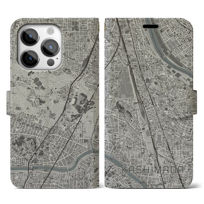 【鹿島田（神奈川県）】地図柄iPhoneケース（手帳タイプ）モノトーン・iPhone 14 Pro 用