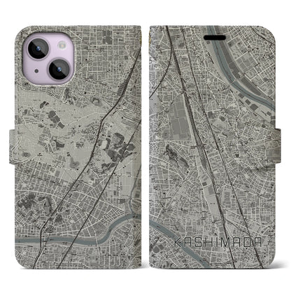 【鹿島田（神奈川県）】地図柄iPhoneケース（手帳タイプ）モノトーン・iPhone 14 用