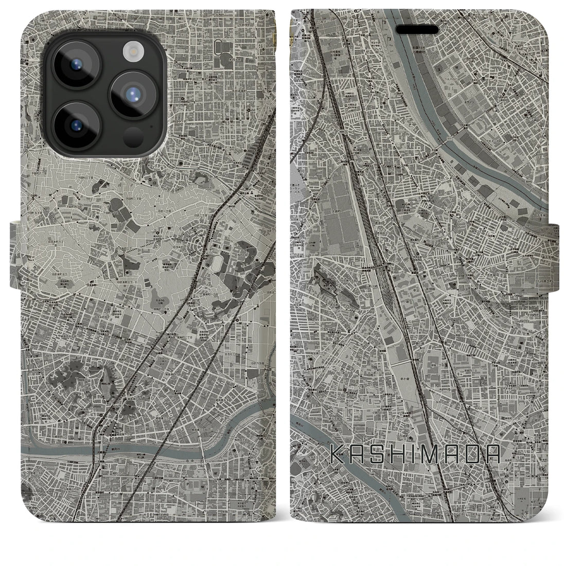 【鹿島田】地図柄iPhoneケース（手帳両面タイプ・モノトーン）iPhone 15 Pro Max 用