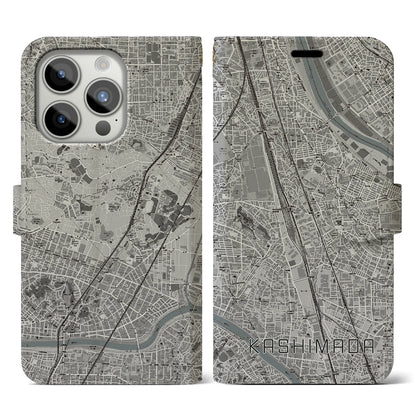 【鹿島田（神奈川県）】地図柄iPhoneケース（手帳タイプ）モノトーン・iPhone 15 Pro 用