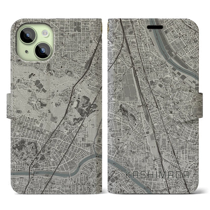 【鹿島田（神奈川県）】地図柄iPhoneケース（手帳タイプ）モノトーン・iPhone 15 用
