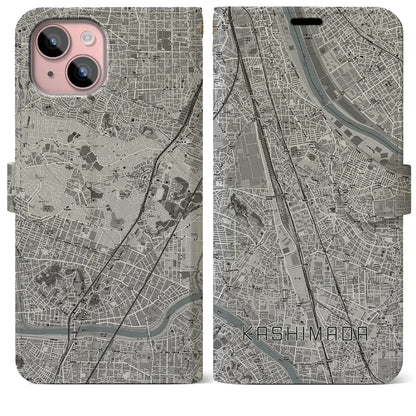 【鹿島田（神奈川県）】地図柄iPhoneケース（手帳タイプ）モノトーン・iPhone 15 Plus 用