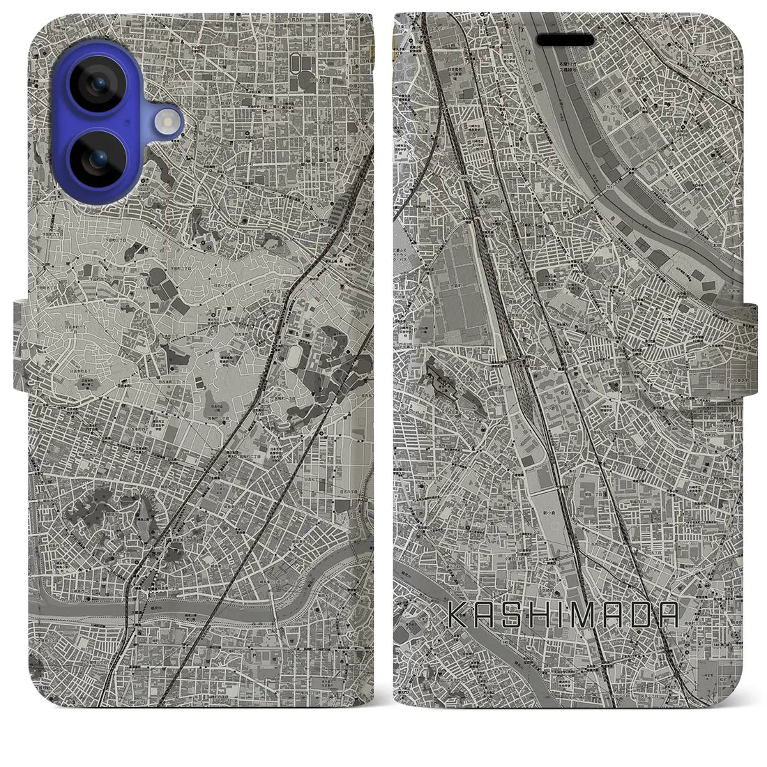 【鹿島田(神奈川県)】地図柄iPhoneケース(手帳タイプ)モノトーン・iPhone 16 Pro Max 用