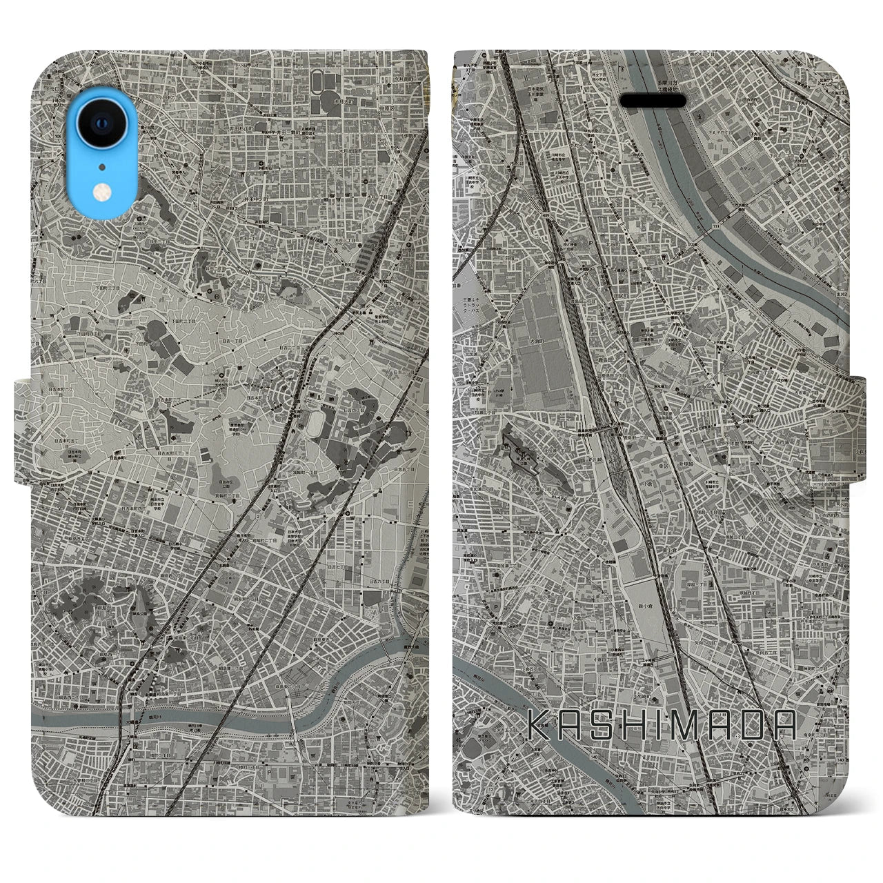 【鹿島田】地図柄iPhoneケース（手帳両面タイプ・モノトーン）iPhone XR 用
