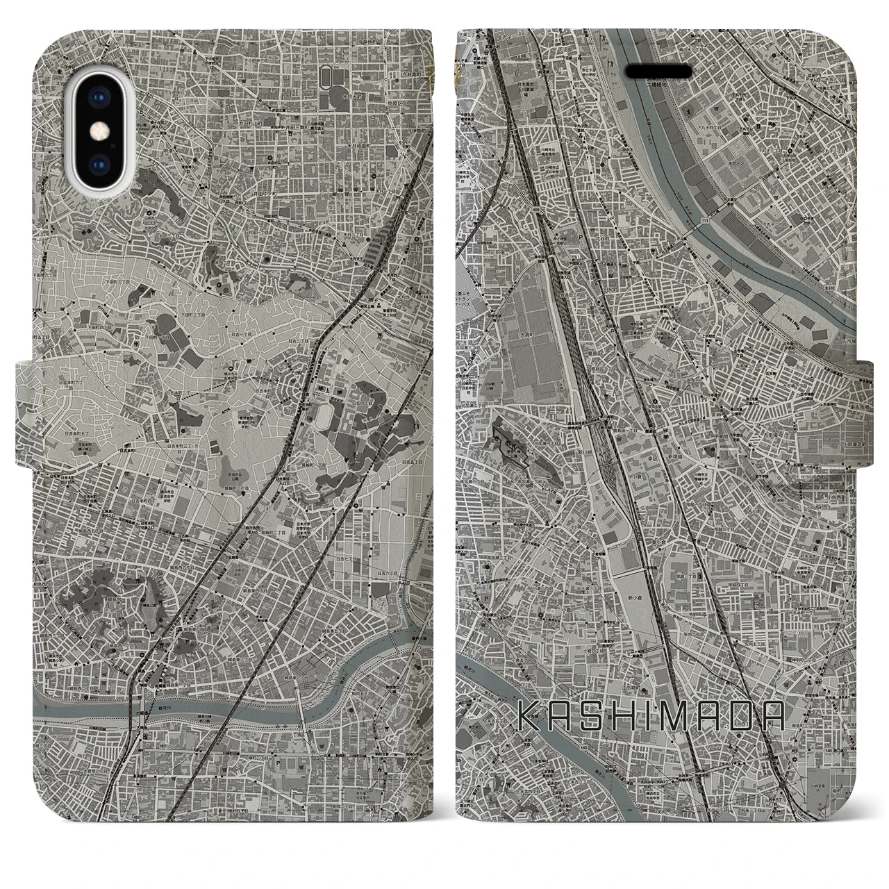【鹿島田】地図柄iPhoneケース（手帳両面タイプ・モノトーン）iPhone XS Max 用
