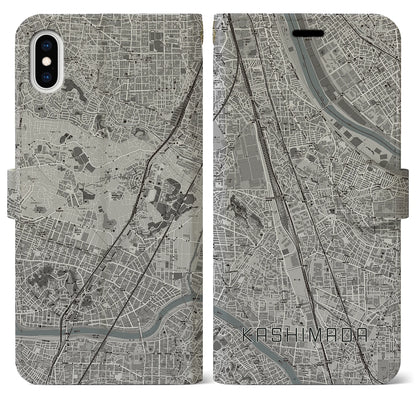 【鹿島田（神奈川県）】地図柄iPhoneケース（手帳タイプ）モノトーン・iPhone XS Max 用
