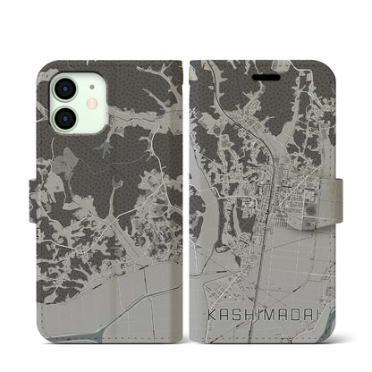【鹿島台（宮城県）】地図柄iPhoneケース（手帳タイプ）モノトーン・iPhone 12 mini 用