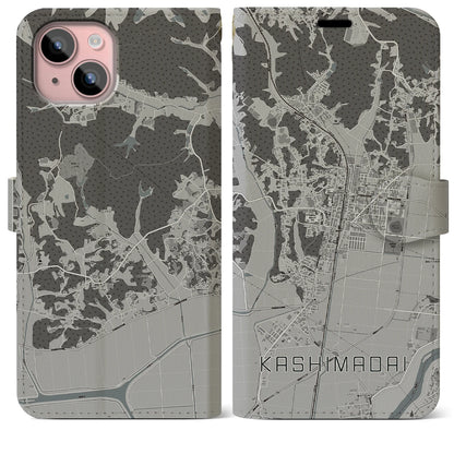 【鹿島台（宮城県）】地図柄iPhoneケース（手帳タイプ）モノトーン・iPhone 15 Plus 用