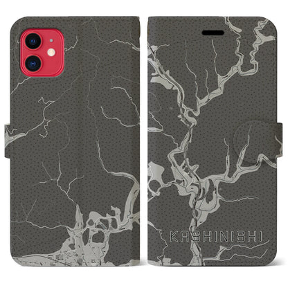 【樫西（岡山県）】地図柄iPhoneケース（手帳タイプ）モノトーン・iPhone 11 用