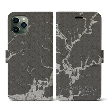 【樫西（岡山県）】地図柄iPhoneケース（手帳タイプ）モノトーン・iPhone 11 Pro 用