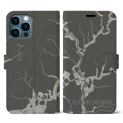 【樫西（岡山県）】地図柄iPhoneケース（手帳タイプ）モノトーン・iPhone 12 / 12 Pro 用