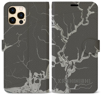 【樫西（岡山県）】地図柄iPhoneケース（手帳タイプ）モノトーン・iPhone 12 Pro Max 用