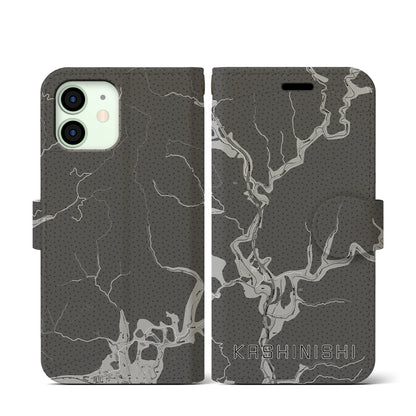 【樫西（岡山県）】地図柄iPhoneケース（手帳タイプ）モノトーン・iPhone 12 mini 用