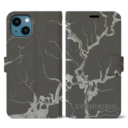 【樫西（岡山県）】地図柄iPhoneケース（手帳タイプ）モノトーン・iPhone 13 用