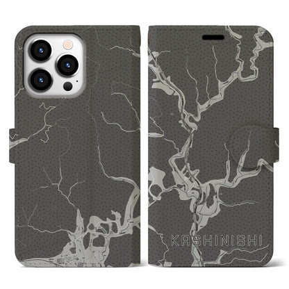 【樫西（岡山県）】地図柄iPhoneケース（手帳タイプ）モノトーン・iPhone 13 Pro 用