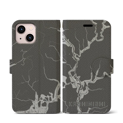 【樫西（岡山県）】地図柄iPhoneケース（手帳タイプ）モノトーン・iPhone 13 mini 用