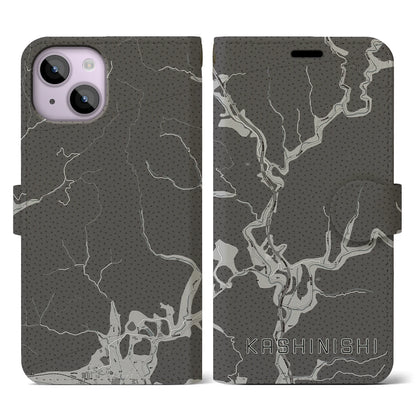 【樫西（岡山県）】地図柄iPhoneケース（手帳タイプ）モノトーン・iPhone 14 用