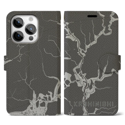 【樫西（岡山県）】地図柄iPhoneケース（手帳タイプ）モノトーン・iPhone 14 Pro 用