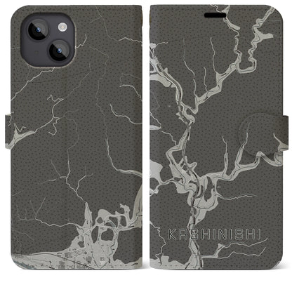 【樫西（岡山県）】地図柄iPhoneケース（手帳タイプ）モノトーン・iPhone 14 Plus 用