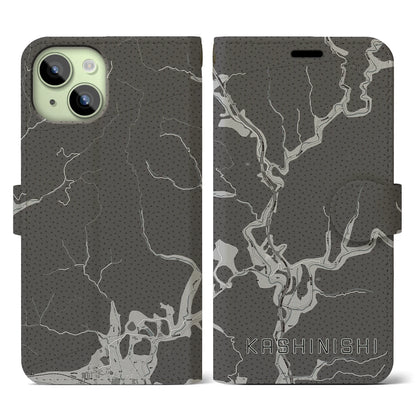 【樫西（岡山県）】地図柄iPhoneケース（手帳タイプ）モノトーン・iPhone 15 用