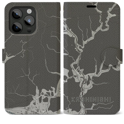 【樫西（岡山県）】地図柄iPhoneケース（手帳タイプ）モノトーン・iPhone 15 Pro Max 用