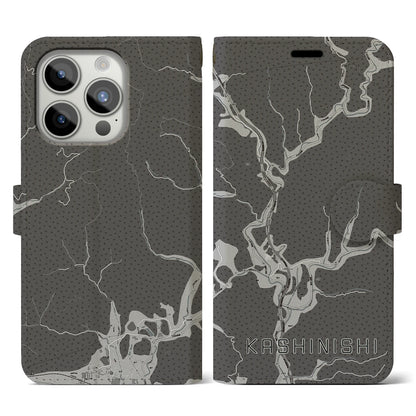 【樫西（岡山県）】地図柄iPhoneケース（手帳タイプ）モノトーン・iPhone 15 Pro 用