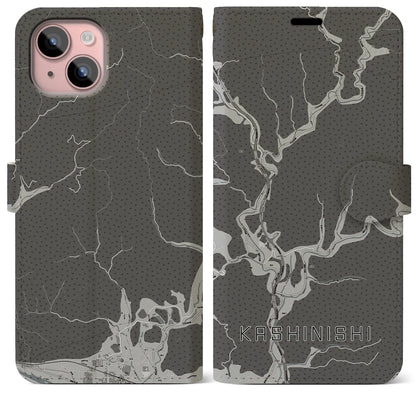 【樫西（岡山県）】地図柄iPhoneケース（手帳タイプ）モノトーン・iPhone 15 Plus 用