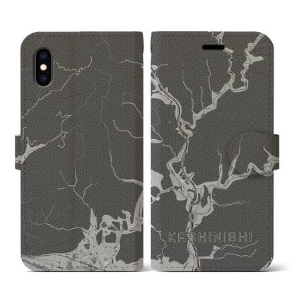 【樫西（岡山県）】地図柄iPhoneケース（手帳タイプ）モノトーン・iPhone XS / X 用