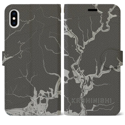 【樫西（岡山県）】地図柄iPhoneケース（手帳タイプ）モノトーン・iPhone XS Max 用