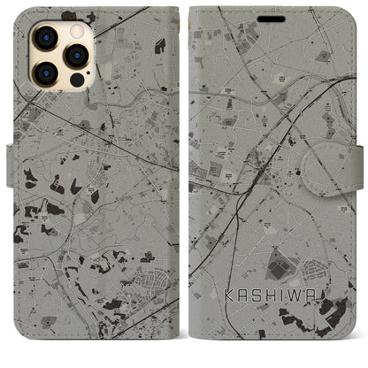 【柏（千葉県）】地図柄iPhoneケース（手帳タイプ）モノトーン・iPhone 12 Pro Max 用