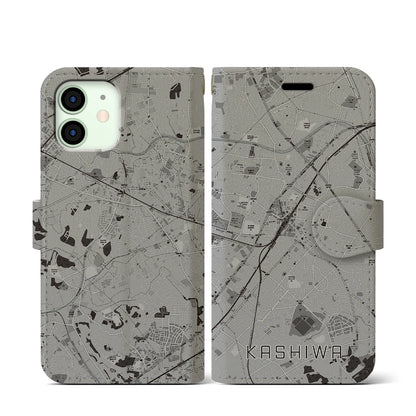 【柏（千葉県）】地図柄iPhoneケース（手帳タイプ）モノトーン・iPhone 12 mini 用