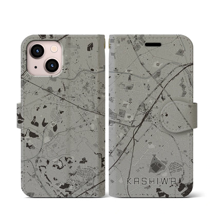 【柏（千葉県）】地図柄iPhoneケース（手帳タイプ）モノトーン・iPhone 13 mini 用