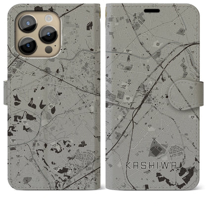 【柏（千葉県）】地図柄iPhoneケース（手帳タイプ）モノトーン・iPhone 14 Pro Max 用