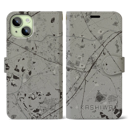 【柏（千葉県）】地図柄iPhoneケース（手帳タイプ）モノトーン・iPhone 15 用