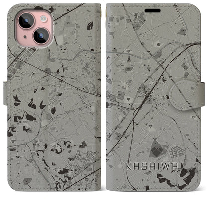 【柏（千葉県）】地図柄iPhoneケース（手帳タイプ）モノトーン・iPhone 15 Plus 用